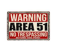 ABCDEFG Targa da parete in metallo vintage con scritta "Warning Area 51 UFO", 20 x 30 cm