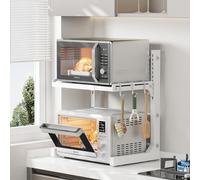 ABCOOL Scaffale retrattile regolabile a 2 assi per forno a microonde, espandibile e regolabile in altezza, in acciaio al carbonio, piano di lavoro con 3 ganci a clip, supporto per forno elettrico