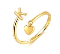 ABDOT Anelli con iniziali in oro da donna, placcati in oro 14 carati, regolabili, a forma di cuore, impilabili, con lettere dell'alfabeto, lettere dalla A alla Z, anello regolabile per nocche