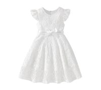 ABEHIK Abito casual in pizzo da bambina, con maniche a sbuffo, per primavera e estate, per feste di compleanno per bambini dai 3 ai 10 anni, bianco, 5-6 Anni