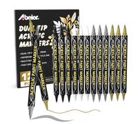 ABEIER Pennarelli Acrilici 12 Pezzi, Colori Oro, Argento, Bianco, Nero, Pennarelli Metallici a Doppia Punta, Rapida Asciugatura, Adatti per Rocce, Legno, Vetro, Tessuti, Tela, Ceramica, Metallo