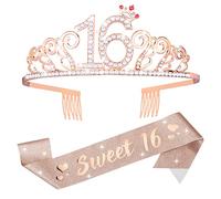 Abeillo 16 Anni Coroncina Compleanno, Corona 16 Anni Ragazza, Sweet 16' Sash con Cristallo Strass Corona, Fascia Compleanno per Feste di Compleanno, Set di Decorazione per Il 16 Anni
