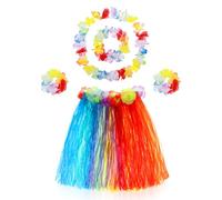 Abeillo Confezione da 5 gonne hawaiane in erba hula, gonna da ballo con fiore accessorio per costume hawaiano per feste (arcobaleno)