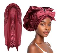 Abeillo Cuffia lunga in raso per donne che dormono, cuffia per capelli in seta grande cuffia per capelli in seta con fascia per trecce capelli ricci, Rosso vinaccia, L