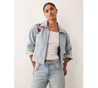 Abercrombie & Fitch - Giacca di jeans lavaggio blu chiaro con fiori ricamati XS