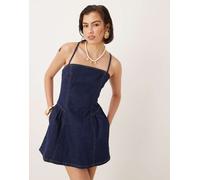 Abercrombie & Fitch - Vestito corto di jeans lavaggio indaco con vita scesa e incrocio sul retro-Blu L