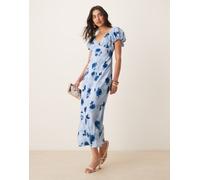 Abercrombie & Fitch - Vestito sottoveste lungo blu a fiori allacciato sul retro con maniche a sbuffo XL