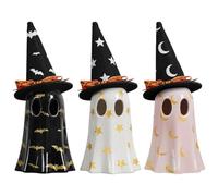Abibiocy Ceramic Ghost Decor 3PCS Light up Cute Ghost Figurine with Witch Hat Spooky Home Decor for Mantel, Shelf & Tabletop