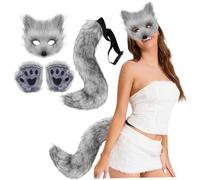 Abibiocy Costume di volpe Halloween Maschera Therian, coda e zampe pelose maschera peluche soffici guanti e code costumi cosplay per le donne che si vestono da festa grigio scuro