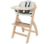 Abiie Beyond Junior - Seggiolone in legno con vassoio, convertibile, regolabile, per neonati e bambini, da 6 mesi fino a 113,4 kg, resistente alle macchie e all'acqua, in legno naturale/grigio tortora