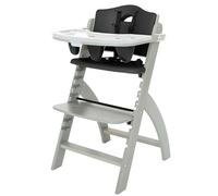 Abiie Beyond Junior - Seggiolone in legno con vassoio, regolabile e convertibile, per neonati e bambini, da 6 mesi a 113,4 kg, impermeabile, colore: legno grigio nebbia/cuscino nero perla