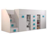 ABIKSMEBLE Toledo 3 Letto a Soppalco per Bambini, Adolescenti con Spazio di Contenimento - Letto a Castello con Scrivania, Armadi, Ripiani e Sgabelli - 248,5x123x93 cm - bianco bianco turchese
