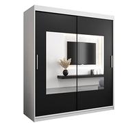 ABIKSMEBLE Torino 180 Armadio da Camera a Due Ante Scorrevoli - Armadio Moderno con Specchio, Barra e Ripiani - 180x200x62 cm (L x A x P) - Bianco Opaco + Nero Opaco