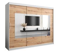ABIKSMEBLE Torino 250 Armadio con Tre Ante Scorrevoli per Camera da Letto - Armadio Moderno con Specchio, Appendiabiti e Ripiani - 250x200x62 cm - Bianco Opaco + Artigiano