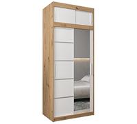 ABIKSMEBLE Verona 2 100 Armadio da Camera a Due Ante Scorrevoli - Armadio Moderno con Specchio, Barra e Ripiani - 100x240x62 cm (L x A x P) - Artisan + Bianco Opaco con Estensione