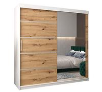 ABIKSMEBLE Verona 2 200 Armadio a Due Ante Scorrevoli per Camera da Letto - Armadio Moderno con Specchio, Appendiabiti e Ripiani - 200x200x62 cm - Bianco Opaco + Artigiano