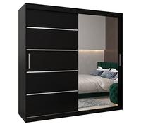 ABIKSMEBLE Verona 2 200 Armadio da Camera a Due Ante Scorrevoli - Armadio Moderno con Specchio, Barra e Ripiani - 200x200x62 cm (L x A x P) - Nero Opaco