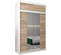 ABIKSMEBLE Verona 4 150 Armadio da Camera a Due Ante Scorrevoli - Armadio Moderno con Specchio, Barra e Ripiani - 150x240x62 cm (L x A x P) - Bianco Opaco + Sonoma con Estensione