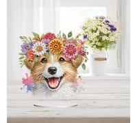 Abillyn Kit di ornamenti da tavolo per pittura con diamanti a forma di cane e fiori, fai da te, 5D, decorazione per casa, scrivania, finestra, (cane 1)
