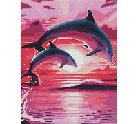 Abillyn - Kit per ricamo a punto croce, motivo: delfini, tramonto, oceano, con motivo stampato (delfini)