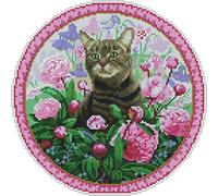 Abillyn - Kit per ricamo a punto croce, motivo: gatto e fiore, stampato con motivo stampato (gatto)