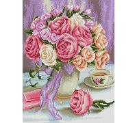 Abillyn Kit per ricamo a punto croce, motivo: rose bianche e rosa in vaso stampato con stampa (rosa)