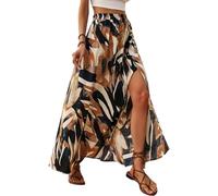 ABINGOO Gonna Lunga Donna Estiva A Linea Elastico Vita Alta con Spacco Boho Stampa Floreale Swing Casual Spiaggia Vacanze Maxi Gonna(Marrone,L)