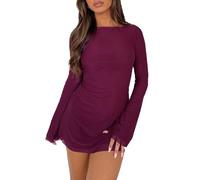 ABINGOO Mini abito da donna a maniche lunghe sexy con scollo a barca in rete manica a campana auto-cravatta posteriore trasparente aderente Y2k abiti corti, Viola, S