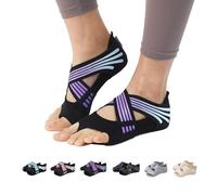ABIRAM - Calzini da yoga senza dita, con grip antiscivolo e cinghie, per pilates, barre, danza classica, bikram e allenamento, Viola, Small