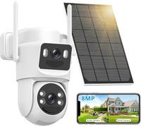 Abiso 8MP Outdoor Wireless WiFi Surveillance Camera Battery-Solar Panel, 360° PTZ Camera Indoor/Outdoor, 2.4G/5GHz Dual Lens, visione notturna a colori, audio bidirezionale, inseguimento automatico