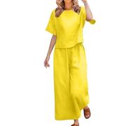 Abiti a due pezzi da donna Summer Lounge Set da donna in lino a maniche corte camicie e pantaloni larghi leggeri traspiranti tute corte set completo di due pezzi abiti da viaggio Loungewear, Giallo #2