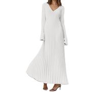 Abiti a Maglia Lungo per le Donne con Scollo a V Abito Tipo Maglione Elegante Manica Lunga Abiti Invernali Abito Maxi Un Colore Maglione Casual Inverno, bianco, S