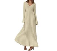Abiti a Maglia Lungo per le Donne con Scollo a V Abito Tipo Maglione Elegante Manica Lunga Abiti Invernali Abito Maxi Un Colore Maglione Casual Inverno, beige, XL