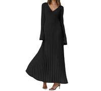 Abiti a Maglia Lungo per le Donne con Scollo a V Abito Tipo Maglione Elegante Manica Lunga Abiti Invernali Abito Maxi Un Colore Maglione Casual Inverno, Nero , XL