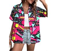 Abiti anni '80 anni '90 donne 80s camicia neon retrò festa discoteca camicia hawaiana button down manica corta camicetta top, nero, XL