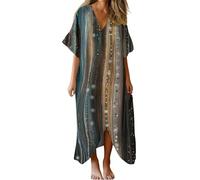 Abiti casual da donna Boho Maxi abito estivo da spiaggia con scollo a V stampa floreale da donna taglie forti manica corta casual in lino abito lungo per feste club uscire abiti da donna UK, Caff, XXL