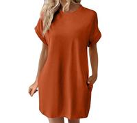 Abiti casual da donna tinta unita girocollo manica a pipistrello maniche corte tasche nascoste abito casual allentato abito nero per le donne, Arancione, XL