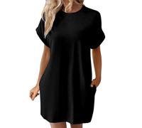 Abiti casual da donna tinta unita girocollo manica a pipistrello maniche corte tasche nascoste abito casual allentato abito nero per le donne, Nero , XXL