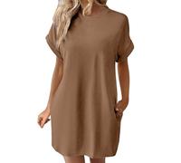 Abiti casual da donna tinta unita girocollo manica a pipistrello maniche corte tasche nascoste abito casual allentato abito nero per le donne, cachi, S