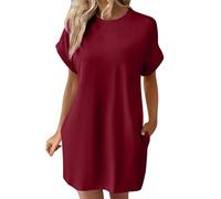 Abiti casual da donna tinta unita girocollo manica a pipistrello maniche corte tasche nascoste abito casual allentato abito nero per le donne, Rosso, M
