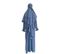 Abiti casual per le donne Abito da preghiera Musulmano Ramadan Indumento Abaya Islam Jilbeb Set 2 Pezzi A Strati Khimar Sciarpa Hijab E Abito Lungo Maxi Abiti per le donne, Azzurro, L