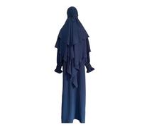Abiti casual per le donne Abito da preghiera Musulmano Ramadan Indumento Abaya Islam Jilbeb Set 2 Pezzi A Strati Khimar Sciarpa Hijab E Abito Lungo Maxi Abiti per le donne, Blu, L