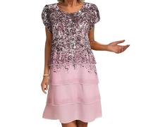 Abiti Cerimonia Donna Eleganti-Vestito Midi con Volant A Strati E Scollo Tondo, Collezione Primavera/Estate con Stampa 3D