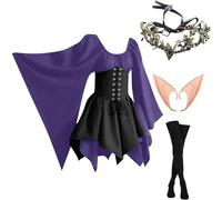 Abiti Con Di Pipistrello Da Donna Vittoriano Costumi Di Halloween Celtico Medievale Vestito Da Steampunk Con Maniche Svasate con Orecchie da Elfo, Accessori per Capelli, Calze Sopra il Ginocchio