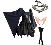 Abiti Con Di Pipistrello Da Donna Vittoriano Costumi Di Halloween Celtico Medievale Vestito Da Steampunk Con Maniche Svasate con Orecchie da Elfo, Accessori per Capelli, Calze Sopra il Ginocchio