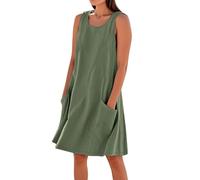 Abiti corti estivi in lino e cotone senza maniche da donna, con tasche e spalline, taglia grande, tendenza, Verde militare, L