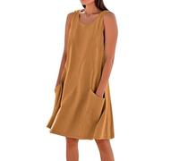 Abiti corti estivi in lino e cotone senza maniche da donna, con tasche e spalline, taglia grande, tendenza, giallo, M