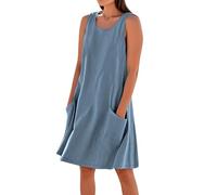 Abiti corti estivi in lino e cotone senza maniche da donna, con tasche e spalline, taglia grande, tendenza, blu 01, M