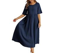 Abiti Cotone e Lino al Ginocchio Larghe Estivi Vestito da Camicia Elegante Abito Donna Comodi Taglie Forti Vintage Vestiti Casual Curvy Morbido Abito Manica Corta Abiti Donna da Spiaggia Comodo
