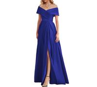 Abiti da ballo con spalle scoperte per le donne corsetto abito da damigella d'onore in raso con maniche spacco laterale abito formale, Blu reale, 46
